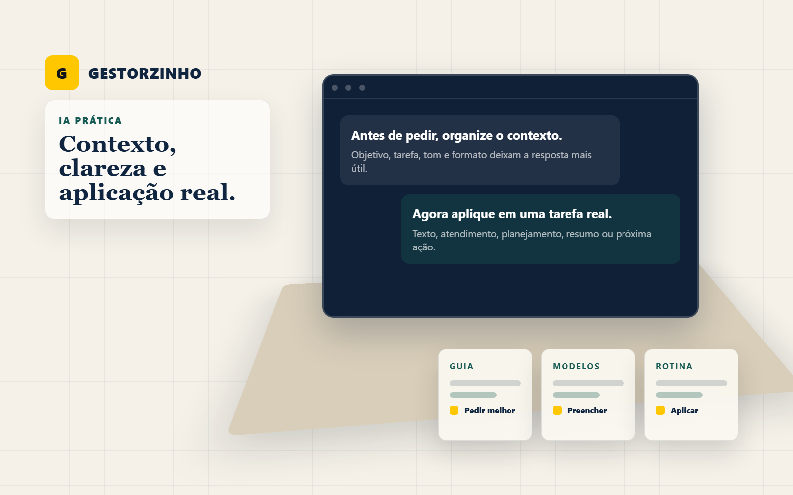 Mesa de trabalho organizada com notebook, cartões de contexto e checklist de aplicação com IA